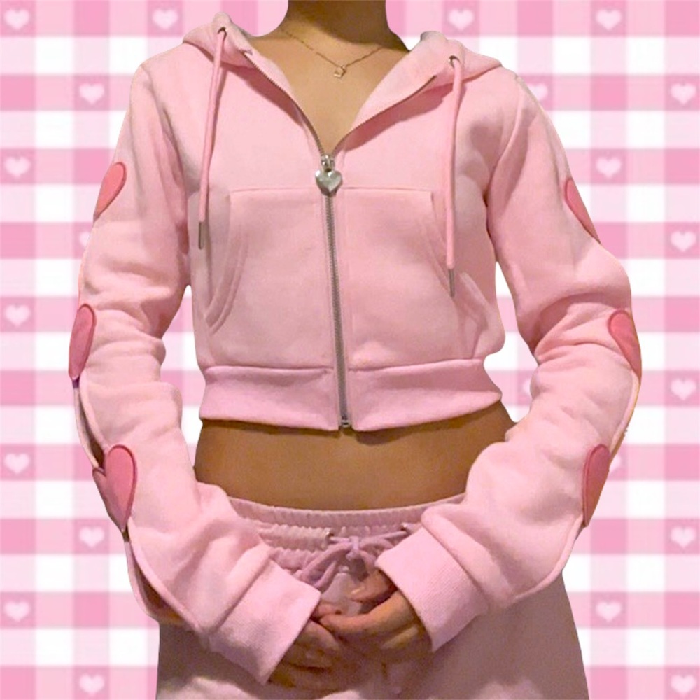 Pink Cropped Women's Hoodie with Heart Sleeves